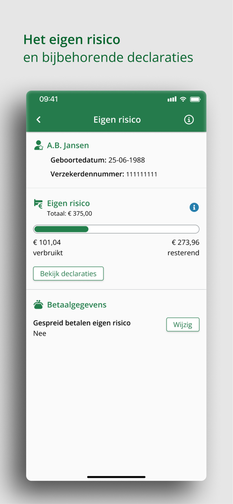 MijnDSW - MijnDSW app screen showing insurance deductible status and costs