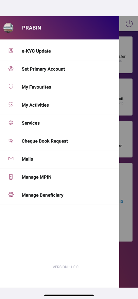 Sidebar navigation menu of YONO Nepal SBI mobile banking app showing account management options