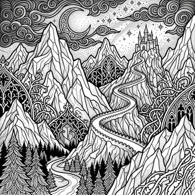 Journey into a breathtaking Gothic mountain landscape, where a majestic castle awaits atop winding peaks. This intricate dot work design invites you to explore a world of shadows, ornate details, and atmospheric mystery.