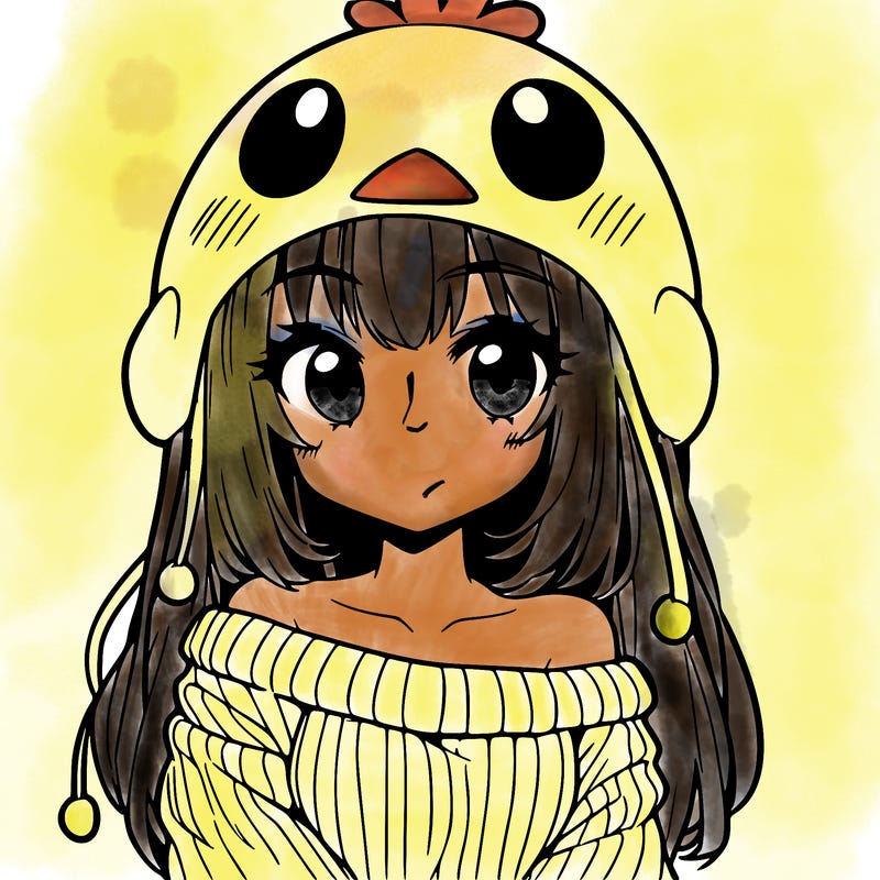 anime girl with chick shaped hat with sweater with bare shoulders with bangs covering them one eye with low tail