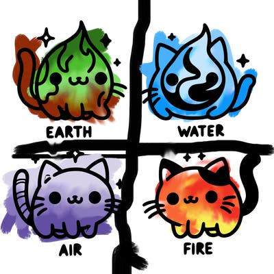 4 cats that represent the different elements, earth, water, air, and fire