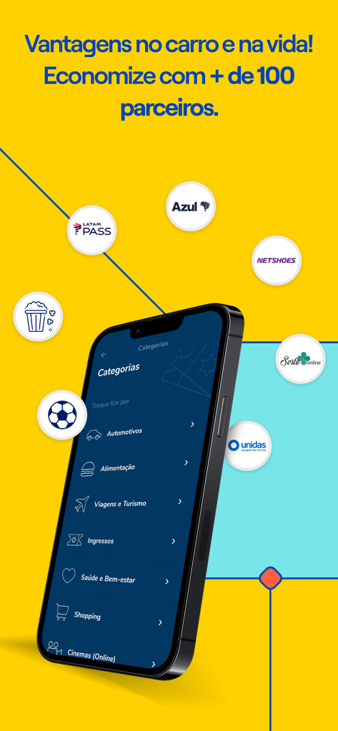 KMV: Ganhe Cashback em Postos - Smartphone displaying KMV app reward categories and partner logos like LATAM Pass and Azul