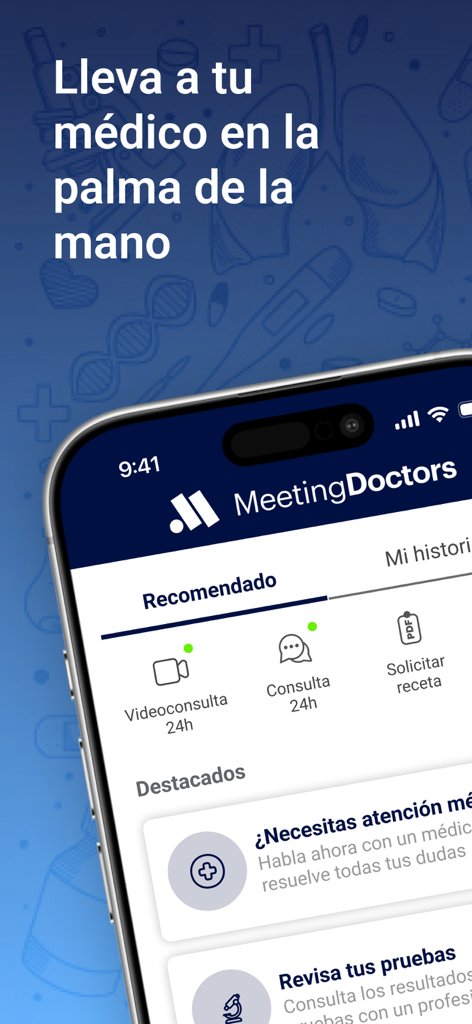 Pantalla de smartphone mostrando la interfaz de la app Meeting Doctors con opciones de consulta médica 24 horas