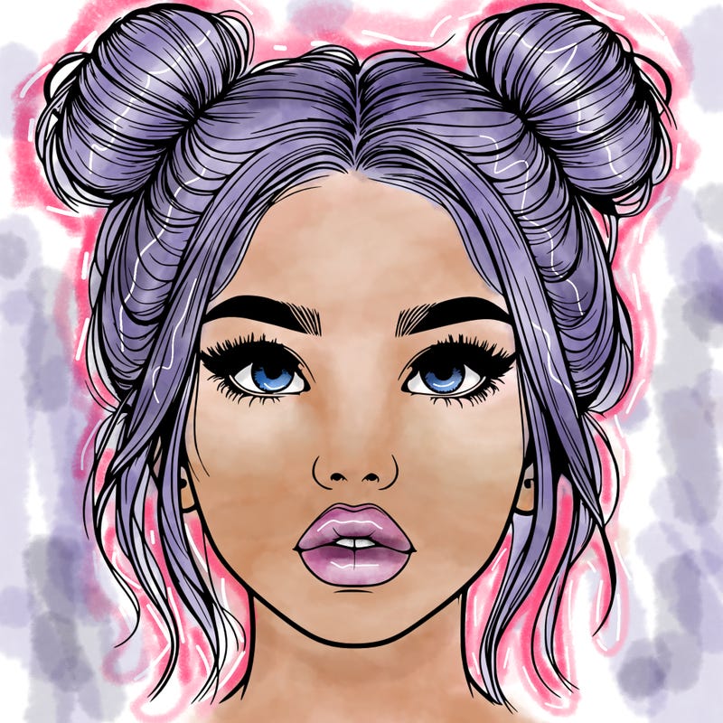realistic girl with two buns on her hair and lips