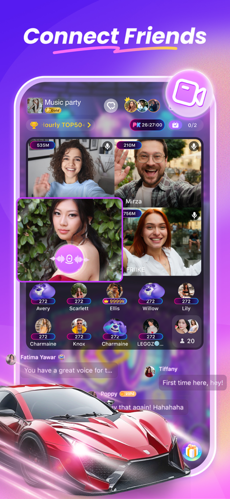A group video chat party room in the SUGO app featuring live participants and social interactions