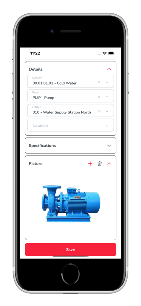 ManWinWin APP - Equipment details screen in ManWinWin app showing a blue industrial water pump with its technical classification