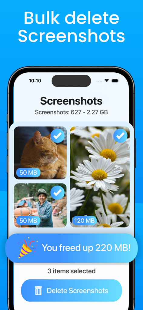 Bulk delete screenshots feature in Cleanup Pro app showing storage space saved.