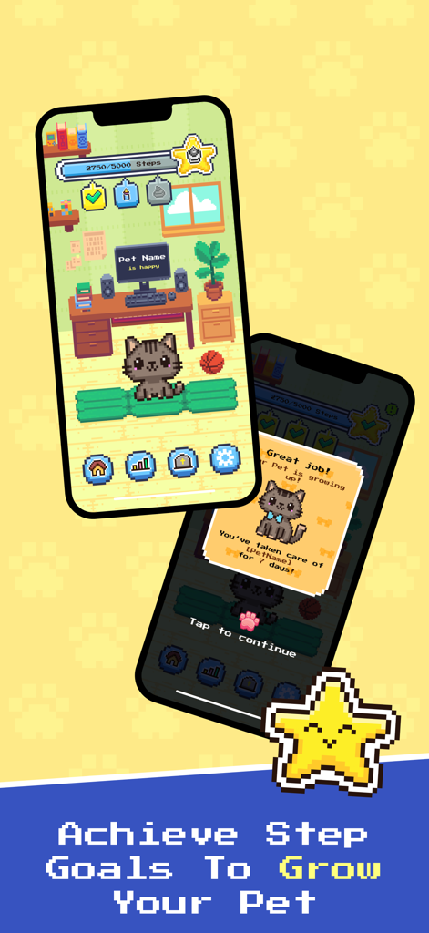 StepPals - Walking App - Two screenshots of the StepPals app showing a pixel art cat character and a milestone message for growing the pet through daily walking steps.