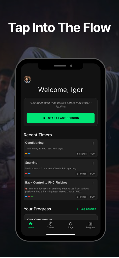 TapFlow: BJJ Timer & Drills - Pantalla de inicio de la aplicación de entrenamiento BJJ TapFlow que muestra temporizadores recientes para sparring y acondicionamiento con una interfaz en modo oscuro.