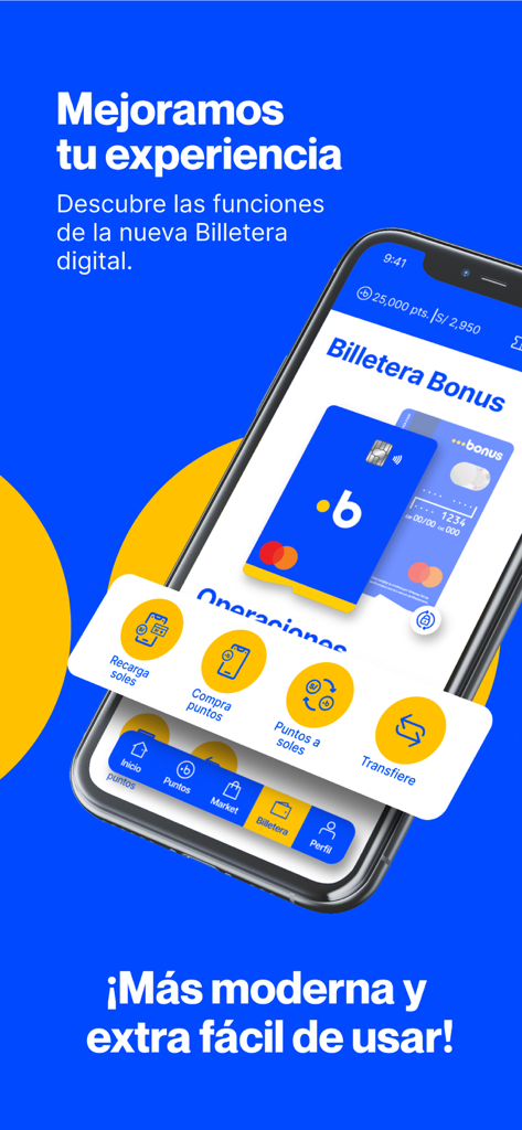 Bonus Perú - Bonus Peru mobile app screen showing the digital wallet interface with Mastercard and rewards options