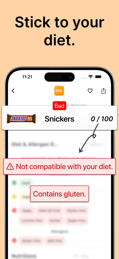 Bite app interface showing a diet compatibility warning and gluten alert for a Snickers bar.