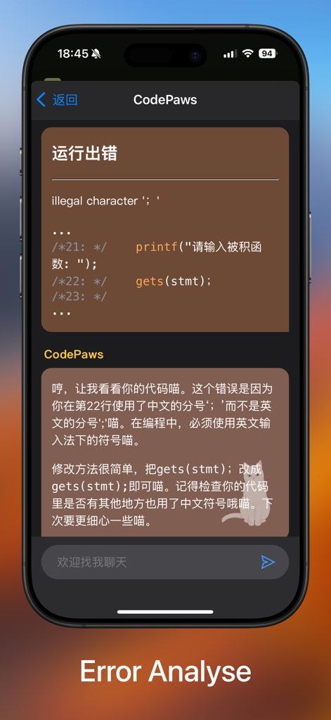 Tela de análise de erros do aplicativo C Code Develop apresentando um assistente de código para depuração.