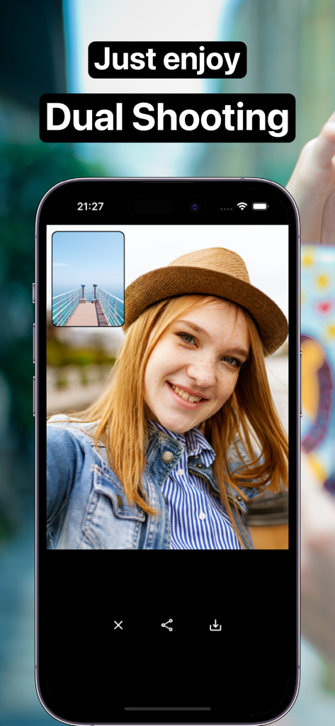 Smartphone screen showing a simultaneous front camera selfie and back camera scenic view