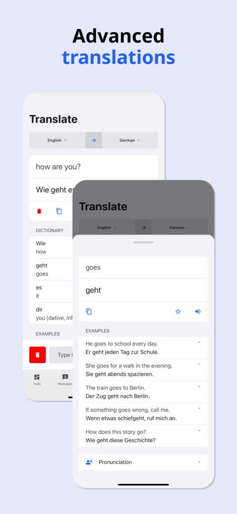 Language Pro - Language Pro app screenshot showing advanced English to German translation with dictionary examples and pronunciation options.