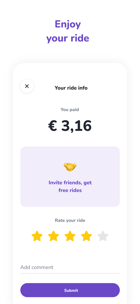 Reby mobility - Schermata delle informazioni di viaggio Reby mobility che mostra il costo del viaggio e una sezione di valutazione a stelle.