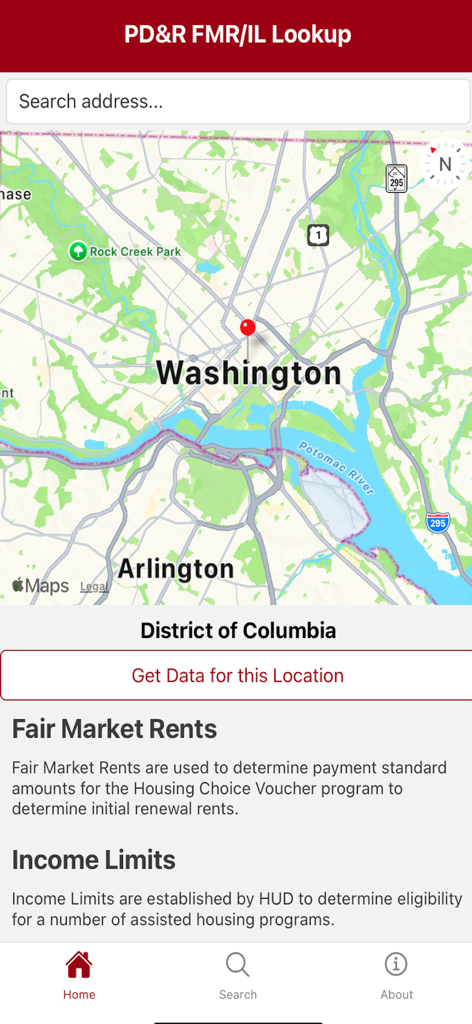 PD&R FMR/IL Lookup - Map interface of the PDR FMR and IL Lookup app showing Washington DC