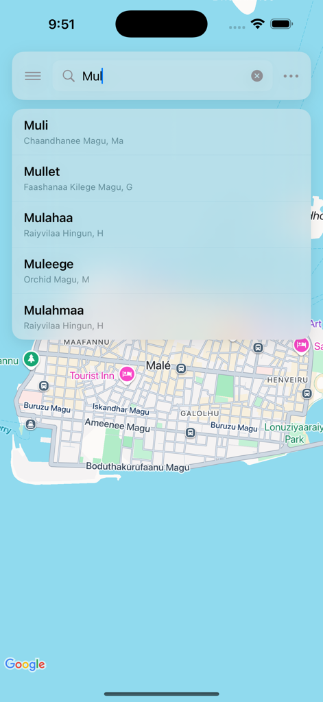 Male Map app interface showing live search results for addresses in Male city Maldives