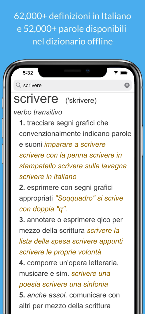 Dizionario Italiano e Sinonimi - Smartphone screen showing the Italian dictionary definition and usage examples for the verb scrivere