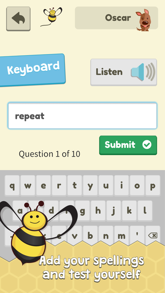 Spelling Assistant : Helping you ace the spelling bee! - Spelling Assistant app interface featuring a keyboard game mode and a spelling test question for the word repeat