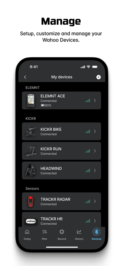 Wahoo 앱 화면, KICKR 바이크 및 ELEMNT 바이크 컴퓨터를 포함한 연결된 피트니스 장치 목록 표시