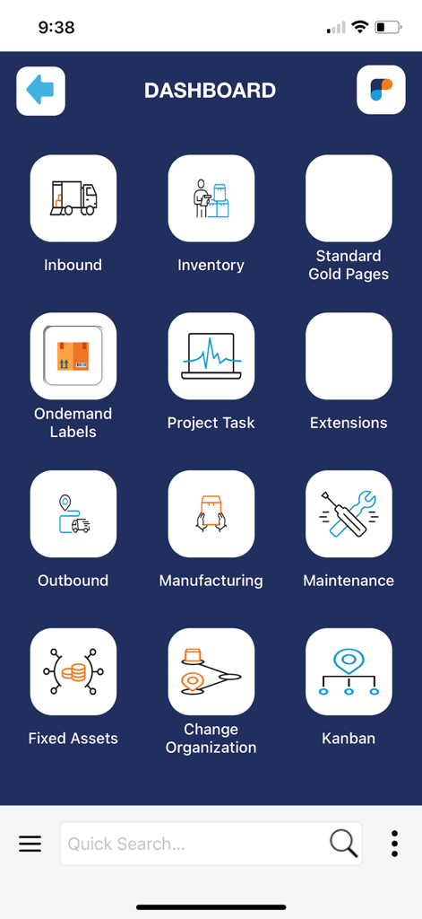 FlexiPro - FlexiPro App-Dashboard mit Symbolen für Bestands-, Fertigungs- und Logistikaufgaben