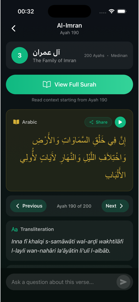 Quran Snap mobile app screen displaying Surah Al-Imran with Arabic text and AI chat prompt