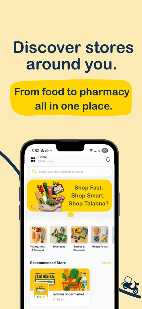 Talabna mobile app home screen showing food and grocery delivery categories in Saida