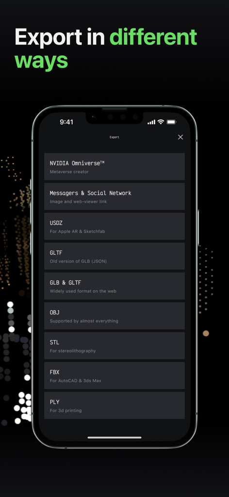 MagiScan app interface showing various 3D export options including OBJ STL FBX and NVIDIA Omniverse