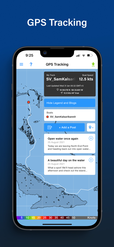 Pantalla de rastreo GPS en la aplicación PredictWind Offshore que muestra la trayectoria de una embarcación en un mapa con velocidad y actualizaciones de blog