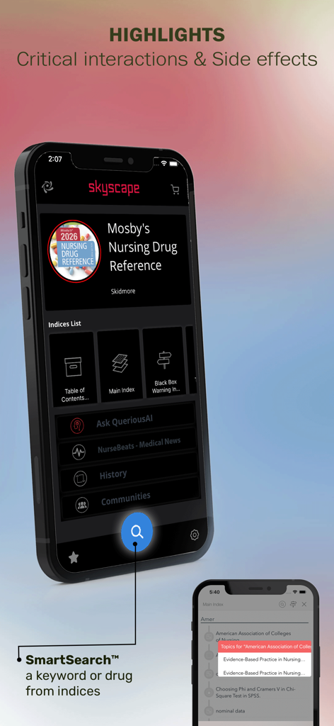 Captura de tela do painel do aplicativo Referência de Medicamentos de Enfermagem Mosby mostrando o recurso SmartSearch e índices de medicamentos em um iPhone