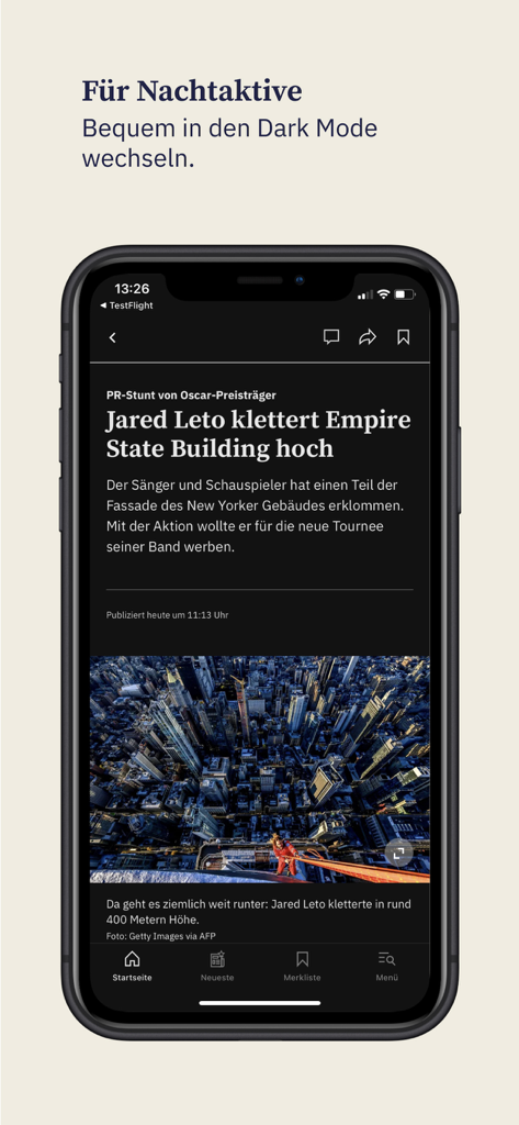 Interface de l'application BZ Berner Zeitung News affichée en mode sombre sur un appareil mobile