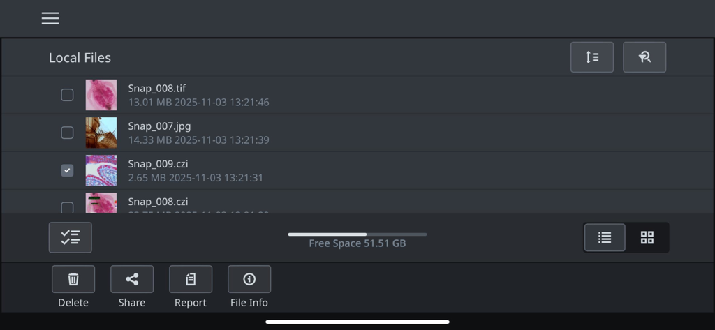 Labscope - Liste de fichiers d'images de microscope dans l'application Labscope montrant les options de partage et de rapport.