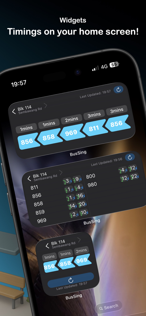 BusSing: SG Bus Arrival Times - Singapore bus arrival time widgets on an iPhone home screen
