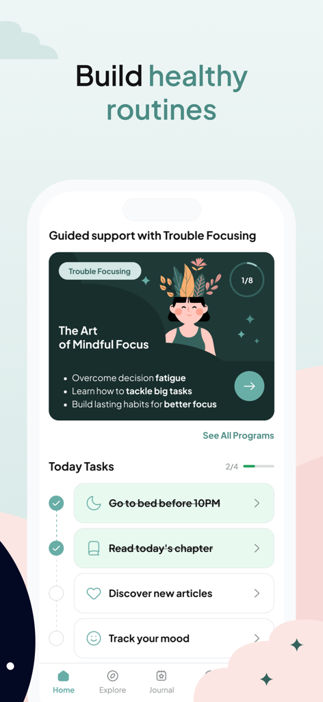 Omna: Mental Health - Omna app dashboard showing daily wellness tasks and a guided mental health program for improving focus.