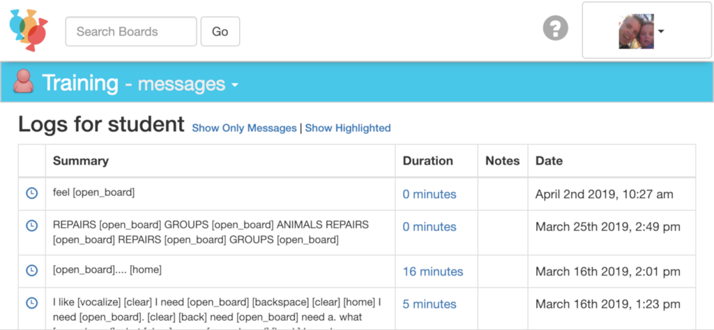 CoughDrop - Table showing student communication logs with message summaries and timestamps in the CoughDrop app