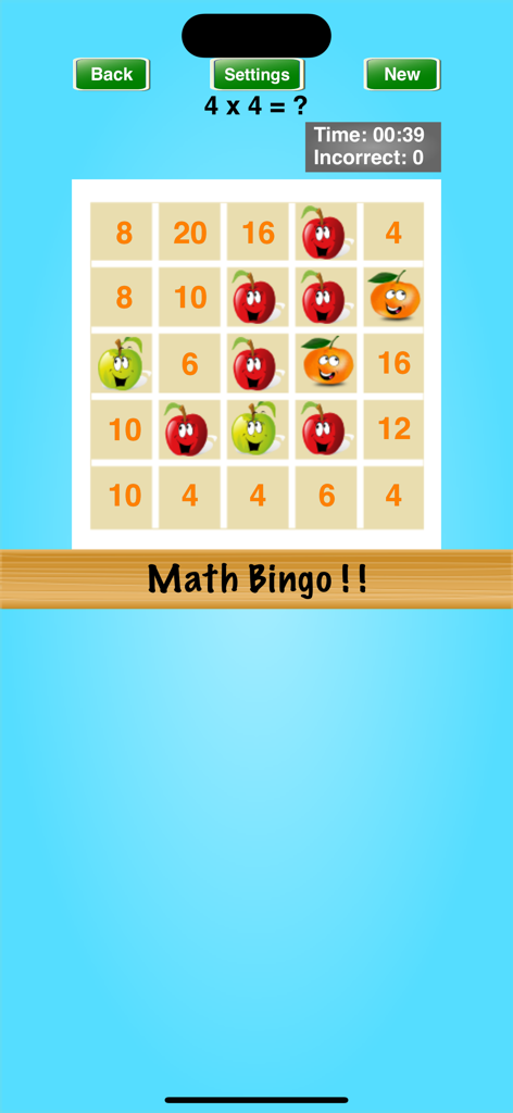 Math Bingo ! ! - Gameplay screenshot of Math Bingo showing a multiplication problem and a grid with cartoon fruit characters