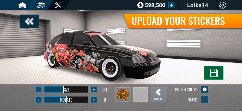 Russian Car Drift - A black drift car being customized with a large red dragon sticker in the game garage