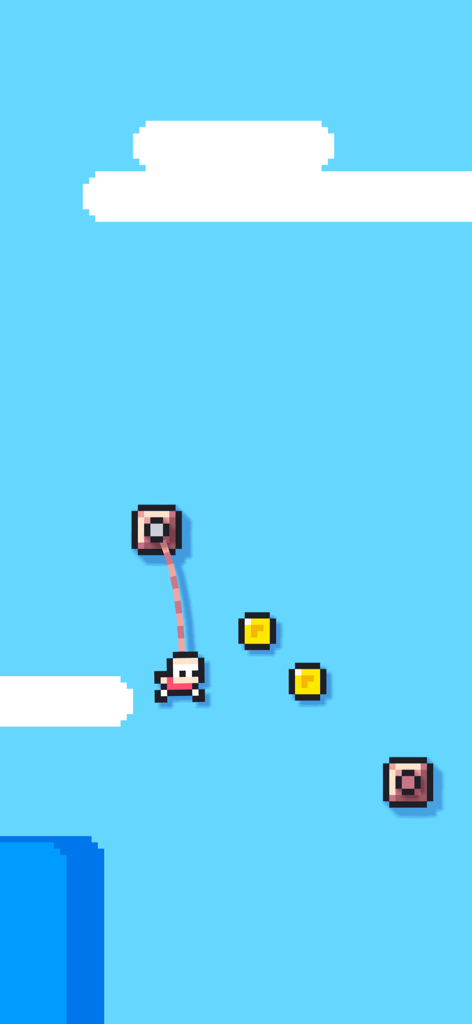 Roper - One Button Platformer - Pixel art character swinging on a rope to collect gold coins in the Roper platformer game