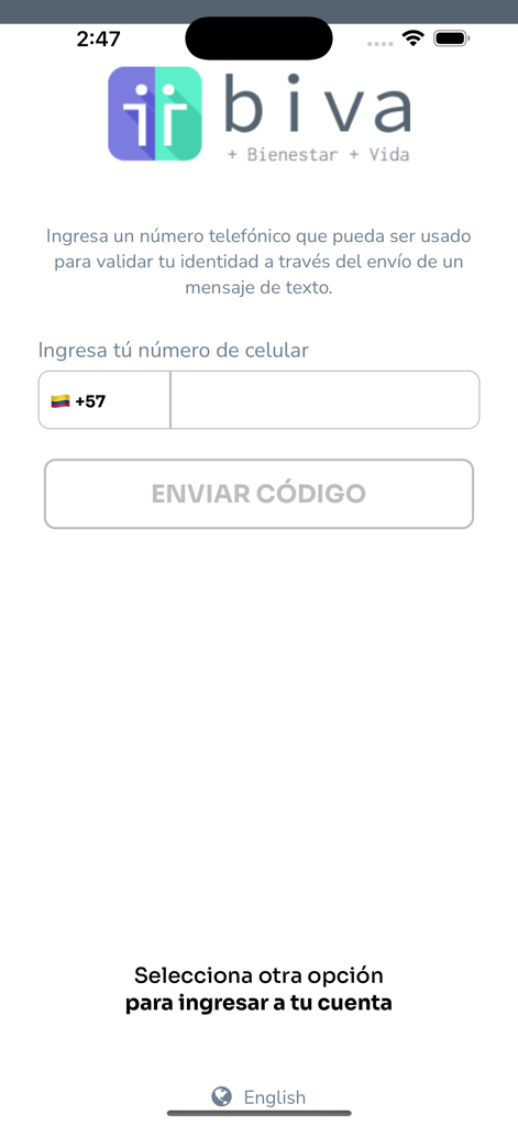 Biva Recordatorio Medicamentos - Pantalla de registro de la aplicación móvil Biva con entrada de número de teléfono para validación de identidad en español