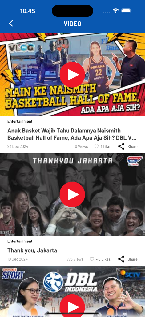 Ein Screenshot des Videobereichs der DBL Play App mit Basketballnachrichten, Event-Highlights aus Jakarta und Videos zur Sportunterhaltung.