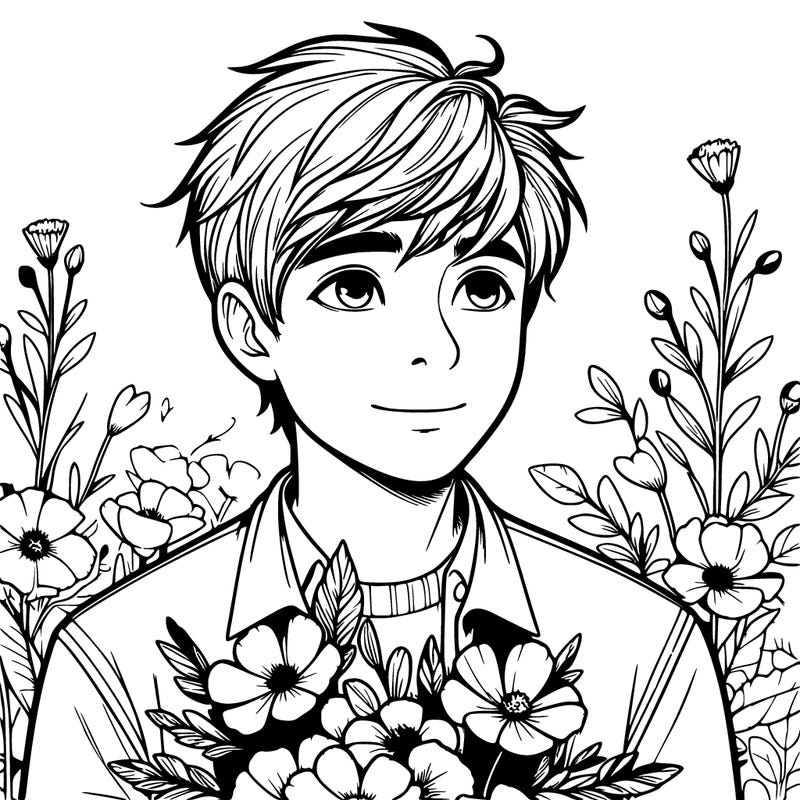 realistic boy with flowers