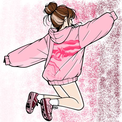 realistic girl jumping with a bun and oversized sweatshirt