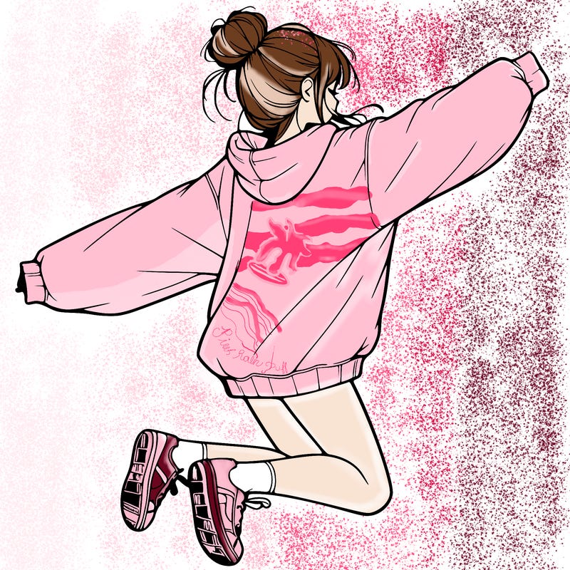 realistic girl jumping with a bun and oversized sweatshirt