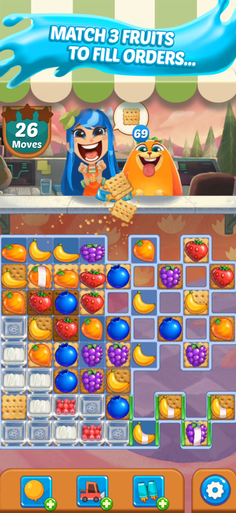 Juice Jam! Match 3 Puzzle Game - A colorful match 3 puzzle grid in Juice Jam where players match fruits to fill orders