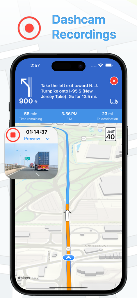 Schermata di iPhone che mostra Mappe Camion Navigazione con funzione di registrazione dashcam integrata.