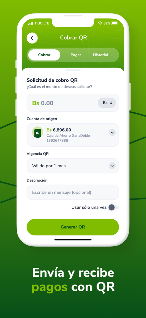 GanaMóvil - GanaMovil app interface for generating a QR code to receive payments