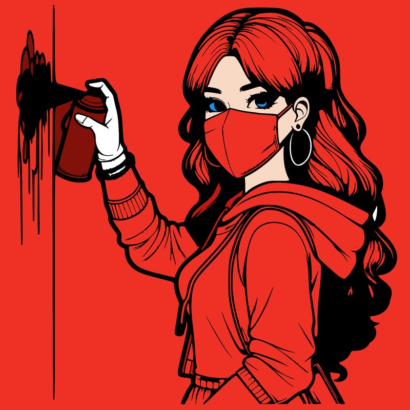 realistic girl with mask spray painting a wall