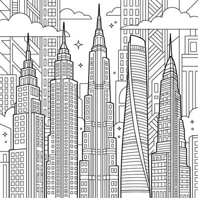 Dive into an urban adventure with this captivating tapered skyscraper coloring page. Featuring intricate architectural details and a dynamic cityscape, it offers a satisfying creative challenge for all ages.