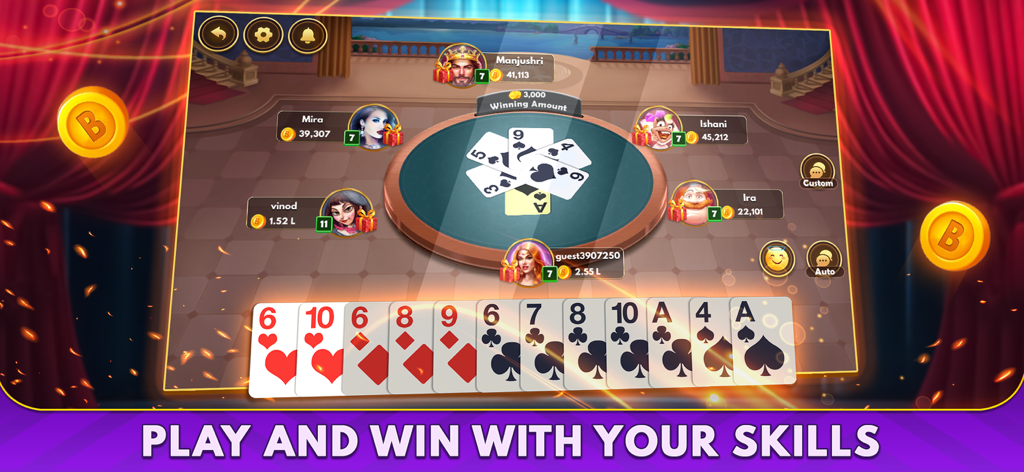 Gameplay screenshot of Bhabhi Multiplayer online card game showing a round table with players and a hand of cards