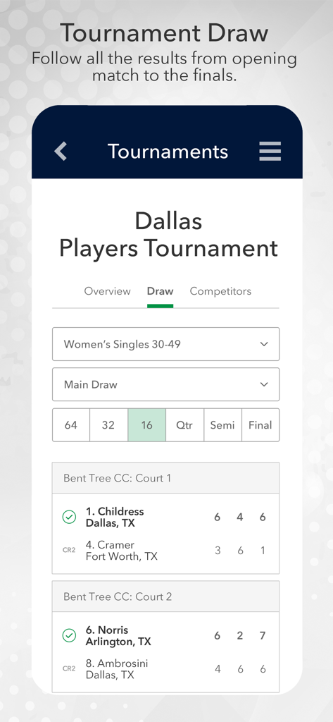 TCD To Go - Mobile app screen showing the Dallas Players Tournament draw and match results for women's singles.